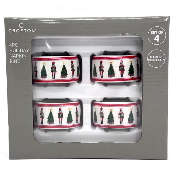 Crofton 4Pc Holiday Porcelain Napkin Rings With Nutcracker Christmas Tree Design - Picture 1 of 12
